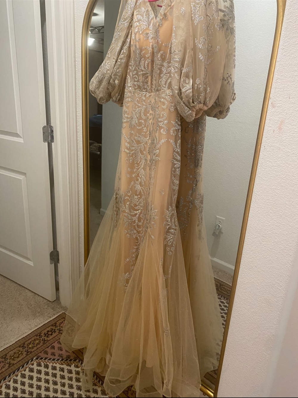 Embroidered Tulle Evening Gown in Champagne